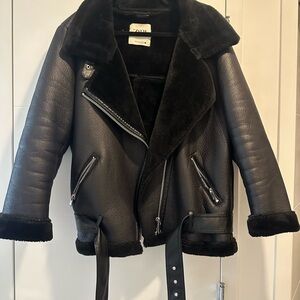 Zara Black Shearling-Lined Leather Jacket